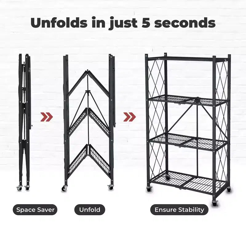 4-Tier Heavy Duty Folding Storage Rack with Magnetic Wire Shelf Liners