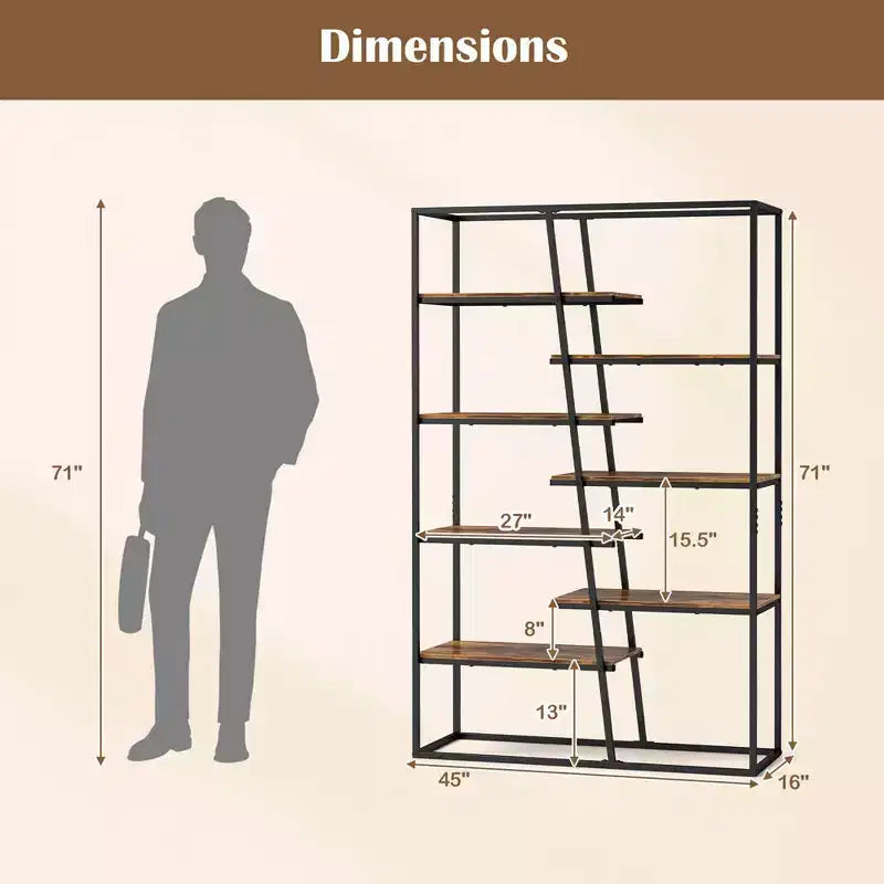 Étagère de 180 cm de haut avec cadre en métal robuste, bibliothèque industrielle à 7 niveaux