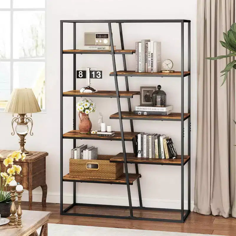 Étagère de 180 cm de haut avec cadre en métal robuste, bibliothèque industrielle à 7 niveaux