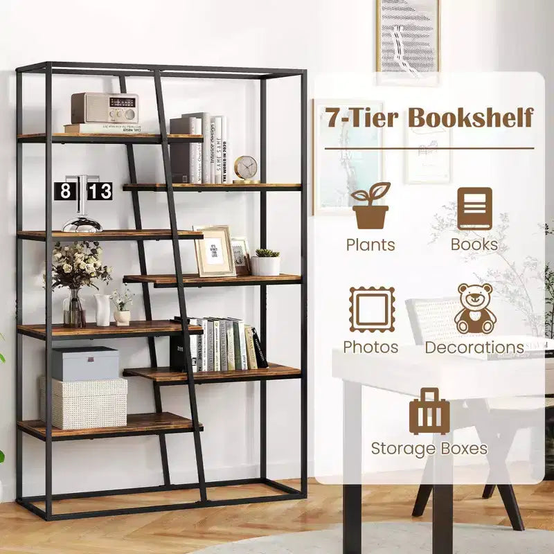 Étagère de 180 cm de haut avec cadre en métal robuste, bibliothèque industrielle à 7 niveaux