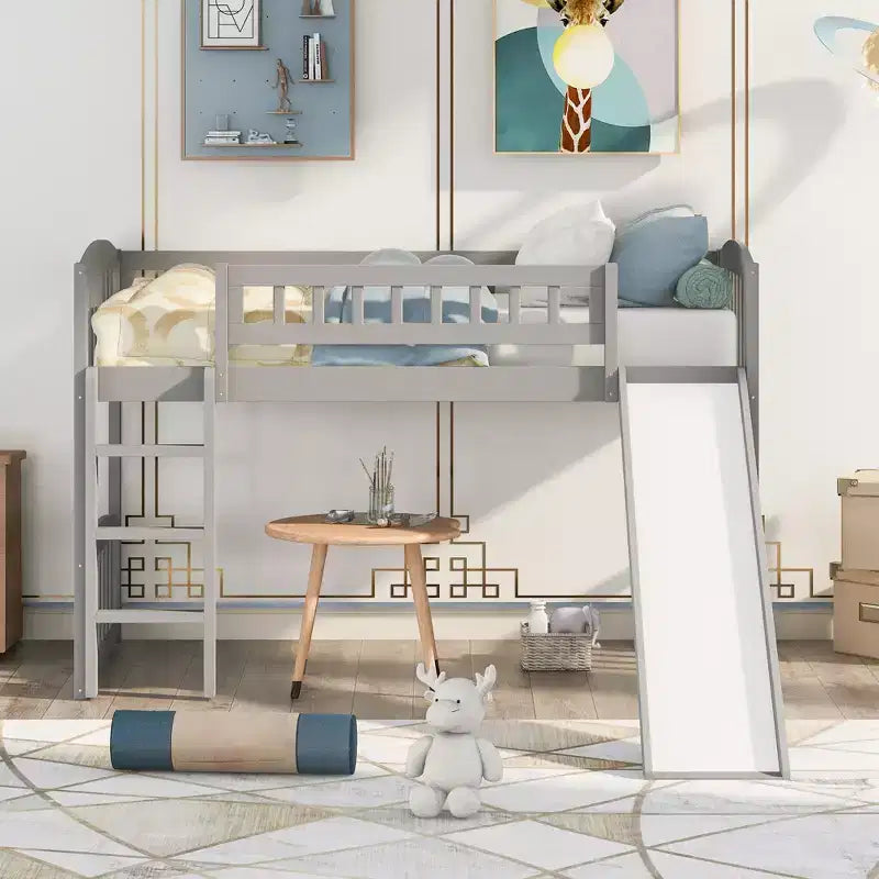 Lit mezzanine en bois avec toboggan et échelle de 196,6 cm de long x 225,8 cm de large, taille double