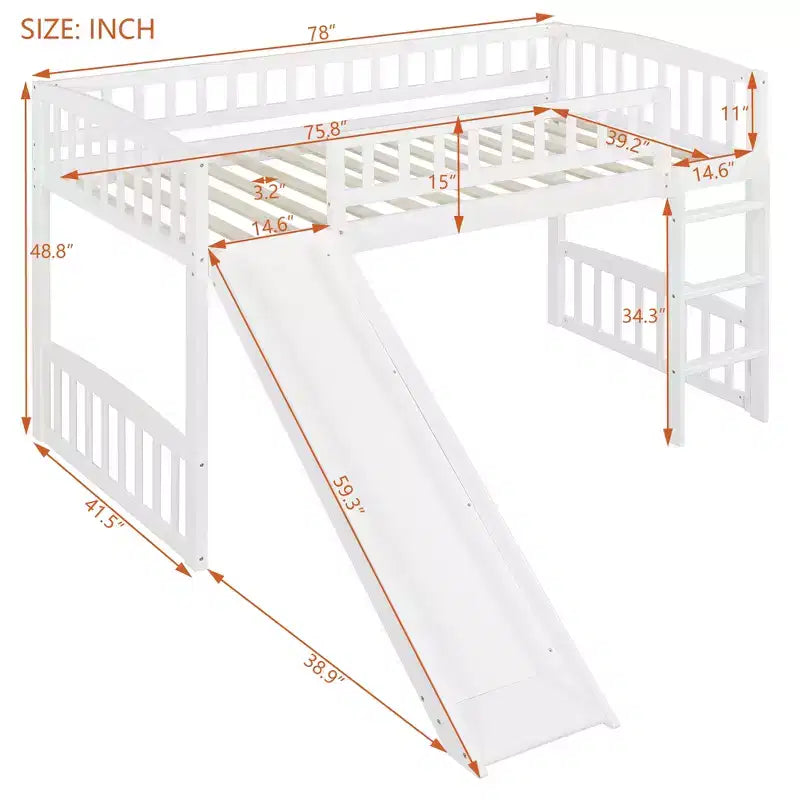 Lit mezzanine en bois avec toboggan et échelle de 196,6 cm de long x 225,8 cm de large, taille double