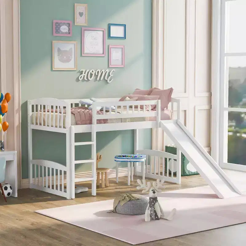 77.4''L x 88.9''W Twin Size Wood Loft Bed with Slide and Ladder