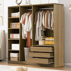 Armoire de rangement en bois sans porte avec étagères et 3 tiroirs - Naturel