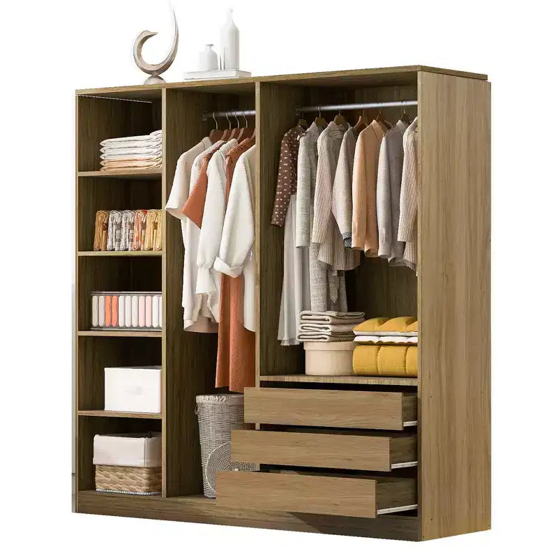 Armoire de rangement en bois sans porte avec étagères et 3 tiroirs - Naturel