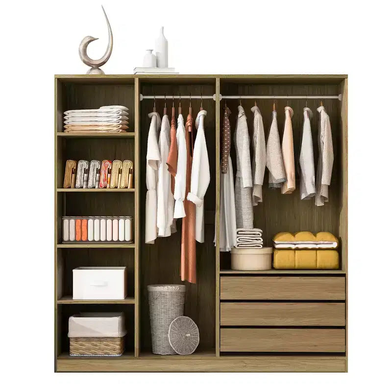 Doorless Wooden Storage Wardrobe with Shelves and 3 Drawers - Natural