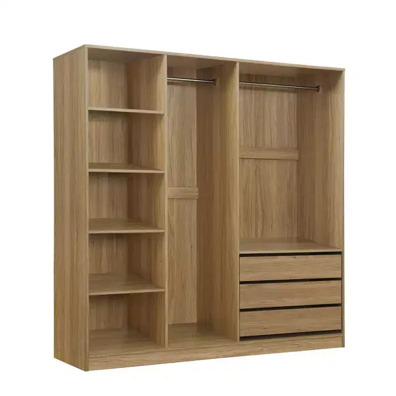 Armoire de rangement en bois sans porte avec étagères et 3 tiroirs - Naturel