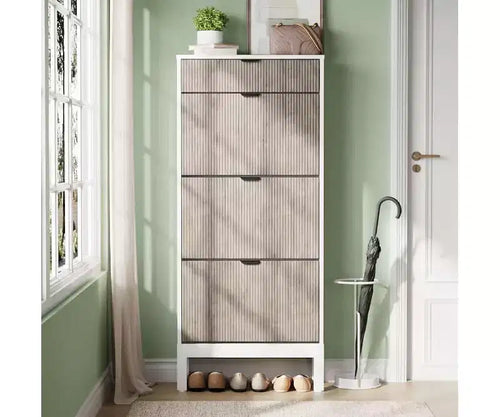 Garvee 3-Drawer Shoe Cabinet - Farmhouse Fluted Design w/Metal Legs, Slim Entryway Organizer for Foyer/Hallway, White+oak/Black+oak/White+grey