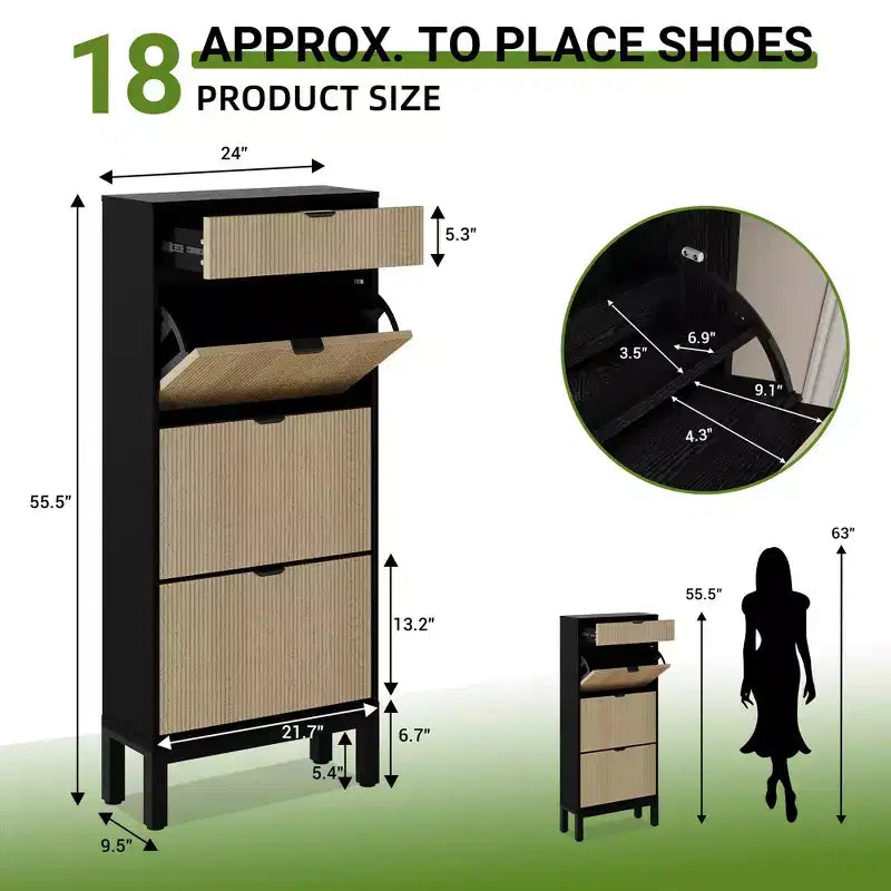 3-Drawer Shoe Cabinet - Farmhouse Fluted Design w/Metal Legs, Slim Entryway Organizer for Foyer/Hallway, White+oak/Black+oak/White+grey