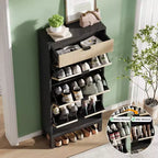 Meuble à chaussures 3 tiroirs - Design cannelé de ferme avec pieds en métal, organiseur d'entrée mince pour hall/couloir, blanc+chêne/noir+chêne/blanc+gris