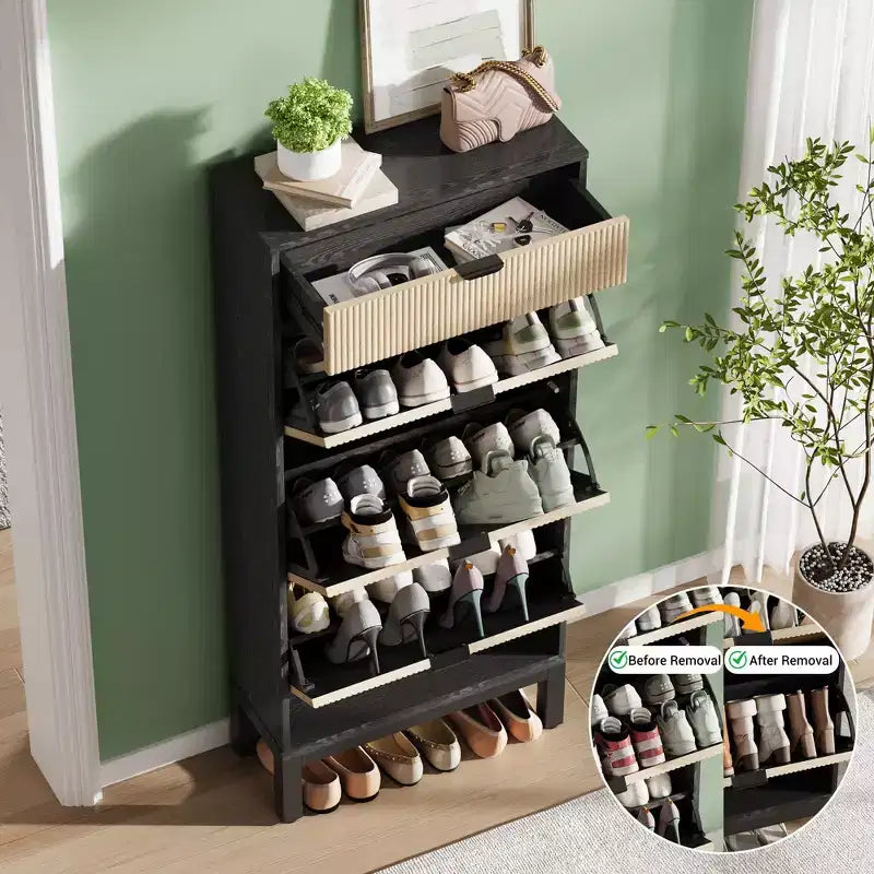 3-Drawer Shoe Cabinet - Farmhouse Fluted Design w/Metal Legs, Slim Entryway Organizer for Foyer/Hallway, White+oak/Black+oak/White+grey