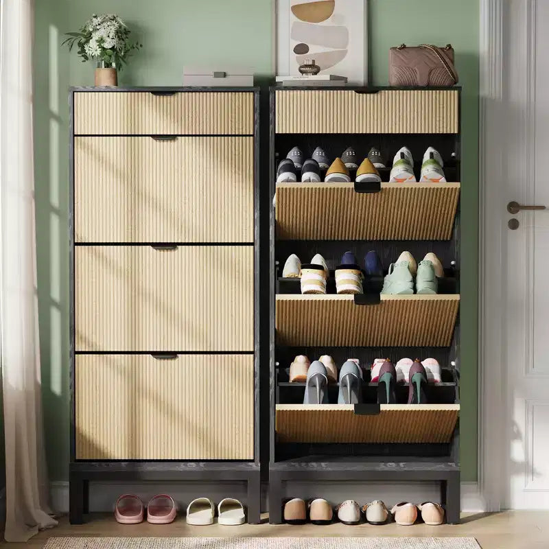 3-Drawer Shoe Cabinet - Farmhouse Fluted Design w/Metal Legs, Slim Entryway Organizer for Foyer/Hallway, White+oak/Black+oak/White+grey