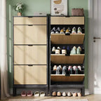 Meuble à chaussures 3 tiroirs - Design cannelé de ferme avec pieds en métal, organiseur d'entrée mince pour hall/couloir, blanc+chêne/noir+chêne/blanc+gris