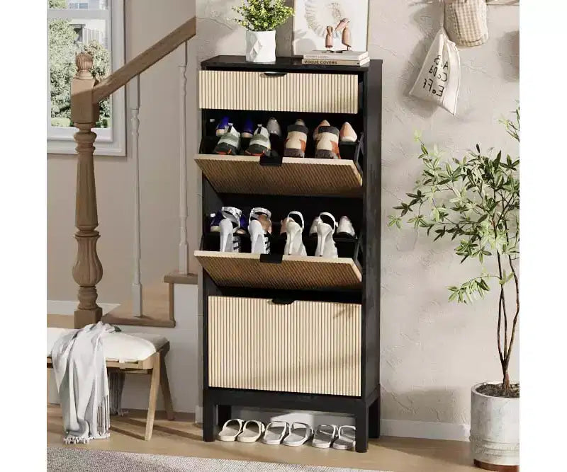 3-Drawer Shoe Cabinet - Farmhouse Fluted Design w/Metal Legs, Slim Entryway Organizer for Foyer/Hallway, White+oak/Black+oak/White+grey