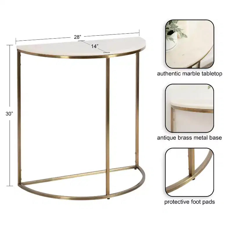 Dorrah Half-Circle Marble Console Table, 28x14x30, White