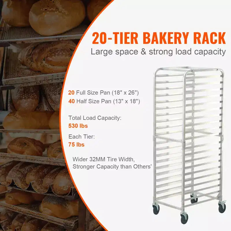 Étagère à 20 niveaux pour plaques de cuisson de boulangerie commerciale avec roues à frein, chariot de rangement en aluminium pour plaques demi-grandes et grandes, 66L x 51,8l x 177,8H