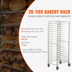 Étagère à 20 niveaux pour plaques de cuisson de boulangerie commerciale avec roues à frein, chariot de rangement en aluminium pour plaques demi-grandes et grandes, 66L x 51,8l x 177,8H