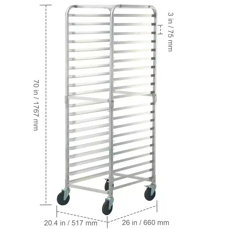 Étagère à 20 niveaux pour plaques de cuisson de boulangerie commerciale avec roues à frein, chariot de rangement en aluminium pour plaques demi-grandes et grandes, 66L x 51,8l x 177,8H