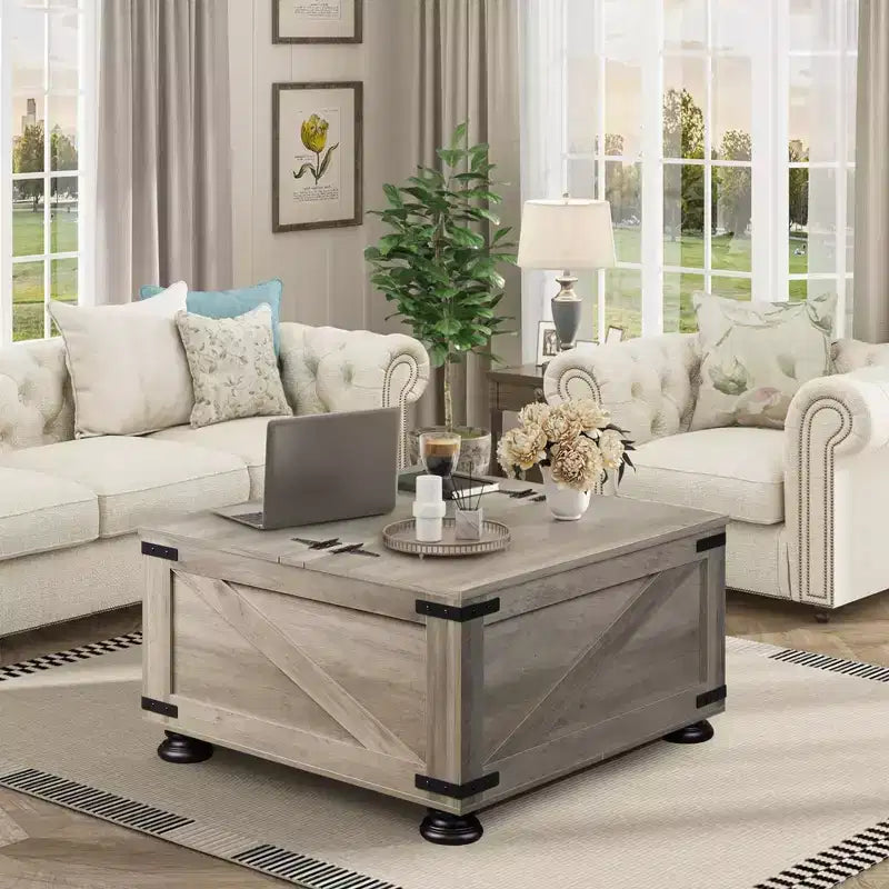 Table Basse Carrée en Bois avec Plateau Relevable pour Salon et Chambre avec Rangement Caché, 80 cm