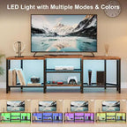 Meuble TV de 170 cm avec lumières LED, prises électriques et 4 étagères ouvertes, console multimédia grise pour TV de 55/65/75 pouces, meuble de divertissement d'angle