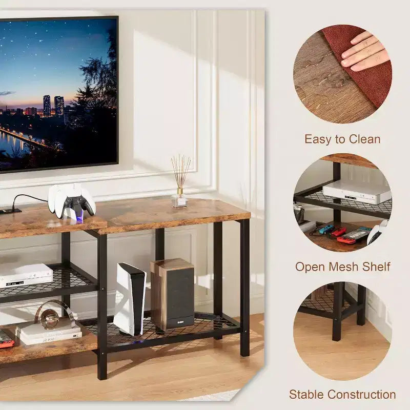 67 Inch TV Stand with LED Lights, Power Outlets & 4 Open Shelves, Grey Media Console for 55/65/75 Inch TV, Corner Entertainment Center