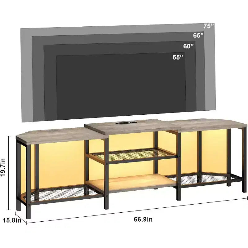 67 Inch TV Stand with LED Lights, Power Outlets & 4 Open Shelves, Grey Media Console for 55/65/75 Inch TV, Corner Entertainment Center