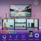 Meuble TV de 170 cm avec lumières LED, prises électriques et 4 étagères ouvertes, console multimédia grise pour TV de 55/65/75 pouces, meuble de divertissement d'angle