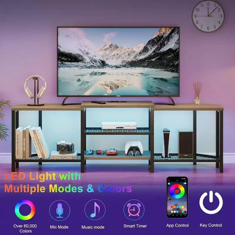 Acekool 67 Inch TV Stand with LED Lights, Power Outlets & 4 Open Shelves, Grey Media Console for 55/65/75 Inch TV, Corner Entertainment Center