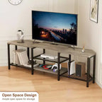 Meuble TV de 170 cm avec lumières LED, prises électriques et 4 étagères ouvertes, console multimédia grise pour TV de 55/65/75 pouces, meuble de divertissement d'angle
