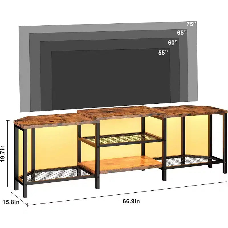 67 Inch TV Stand with LED Lights, Power Outlets & 4 Open Shelves, Grey Media Console for 55/65/75 Inch TV, Corner Entertainment Center