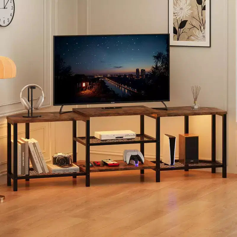 Acekool 67 Inch TV Stand with LED Lights, Power Outlets & 4 Open Shelves, Grey Media Console for 55/65/75 Inch TV, Corner Entertainment Center