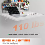 Table murale pliante, 100 x 50 cm, Table murale rabattable, Bureau flottant avec support en fer, Bureau pliant mural