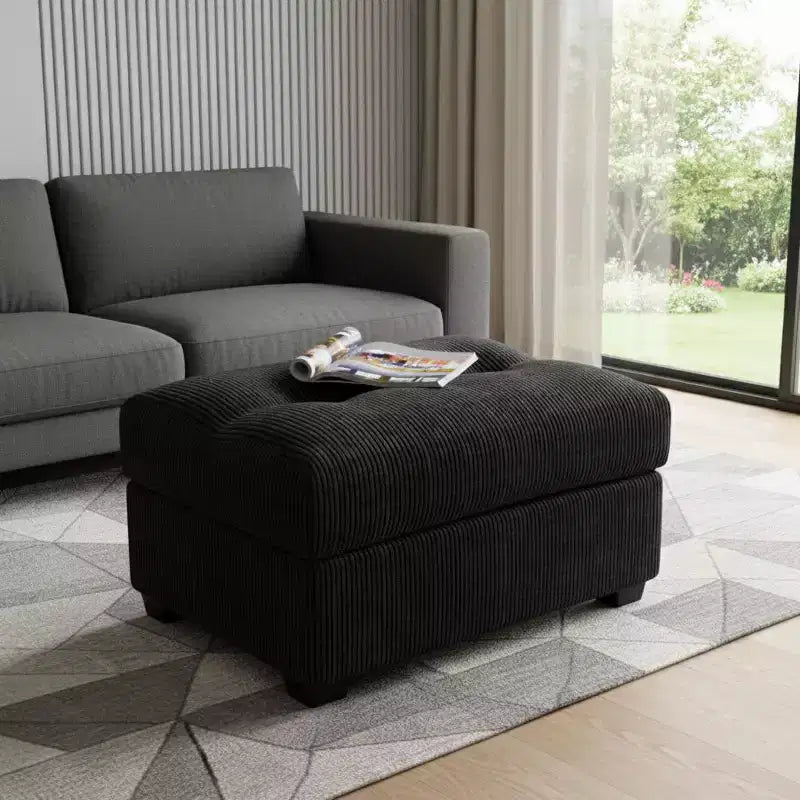 37-Inch Black Corduroy Tufted Rectangle Ottoman