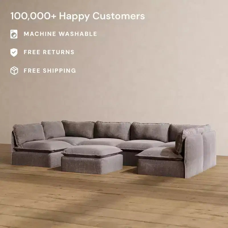 Canapé d'angle modulable lavable 6 places avec pouf