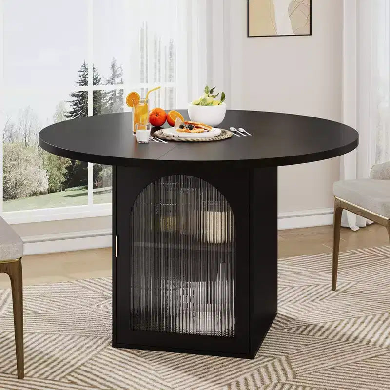 JVNOXK 47round dining table with modern base, striped glass doors with storage cabinet, seats 4 to 6 people, ideal for apartments or small spaces