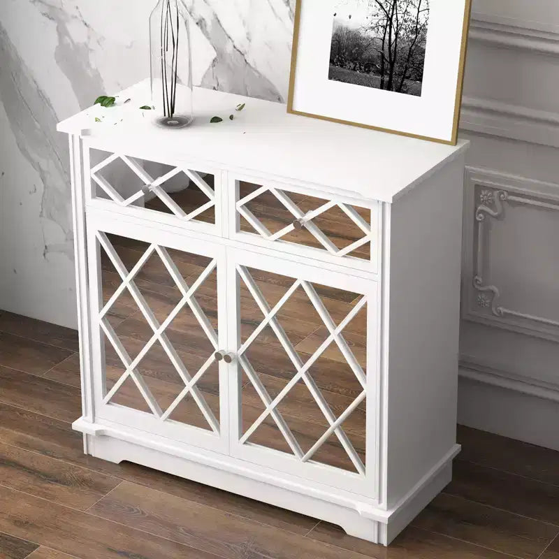 Buffet bahut Accent avec 2 portes décoratives en miroir et 2 tiroirs coulissants, meuble de rangement d'exposition moderne pour salon, chambre à coucher