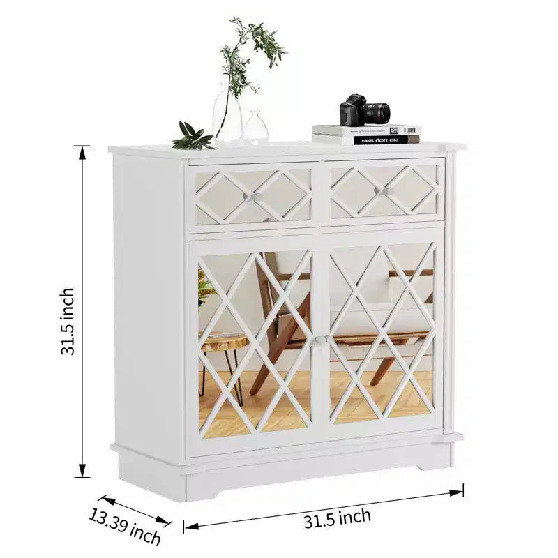 Buffet bahut Accent avec 2 portes décoratives en miroir et 2 tiroirs coulissants, meuble de rangement d'exposition moderne pour salon, chambre à coucher