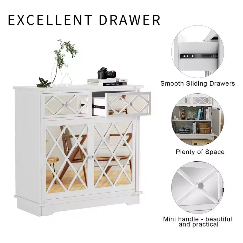 Buffet bahut Accent avec 2 portes décoratives en miroir et 2 tiroirs coulissants, meuble de rangement d'exposition moderne pour salon, chambre à coucher