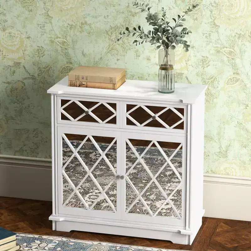 Buffet bahut Accent avec 2 portes décoratives en miroir et 2 tiroirs coulissants, meuble de rangement d'exposition moderne pour salon, chambre à coucher