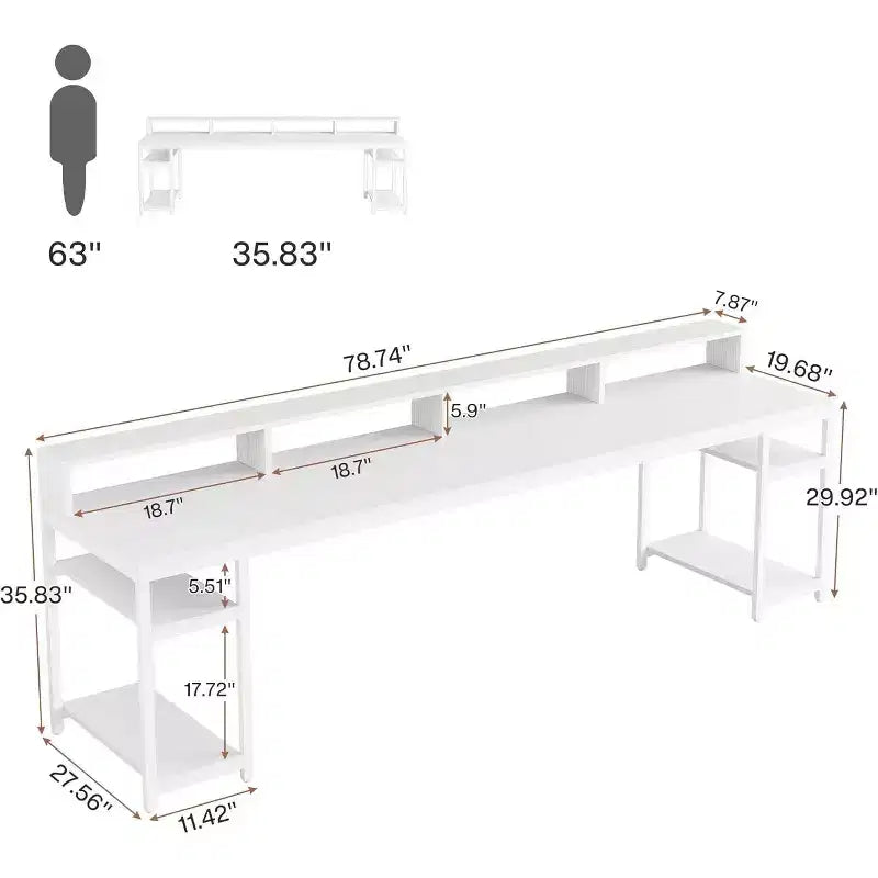 78.74 Inches Extra Long Two-Person Desk with Monitor Stand and Storage Shelves, White Study Work Table for Home Office