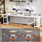 Bureau extra long de 200 cm pour deux personnes avec support d'écran et étagères de rangement, table de travail blanche pour bureau à domicile