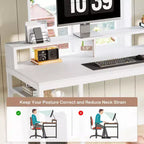 Bureau extra long de 200 cm pour deux personnes avec support d'écran et étagères de rangement, table de travail blanche pour bureau à domicile
