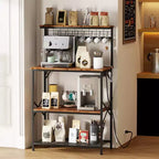 Étagère de cuisine style boulanger avec prises électriques, station de café de 80 cm, étagère de rangement à 4 niveaux pour micro-ondes avec crochets en S, table utilitaire marron