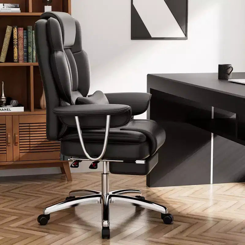 Grand fauteuil de bureau exécutif, Chaise de bureau ergonomique en cuir avec dossier haut et repose-pieds, Noir