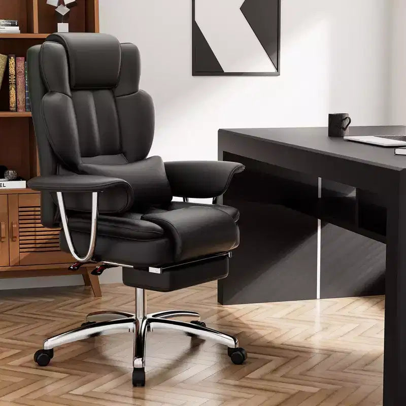Grand fauteuil de bureau exécutif, Chaise de bureau ergonomique en cuir avec dossier haut et repose-pieds, Noir