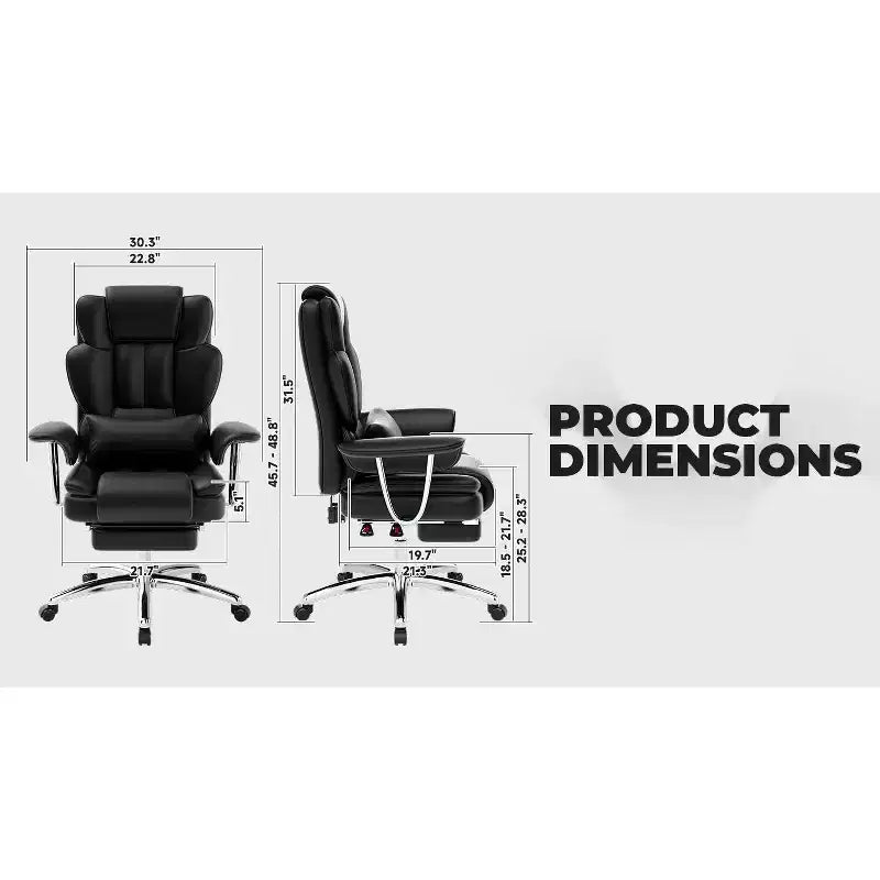 Grand fauteuil de bureau exécutif, Chaise de bureau ergonomique en cuir avec dossier haut et repose-pieds, Noir