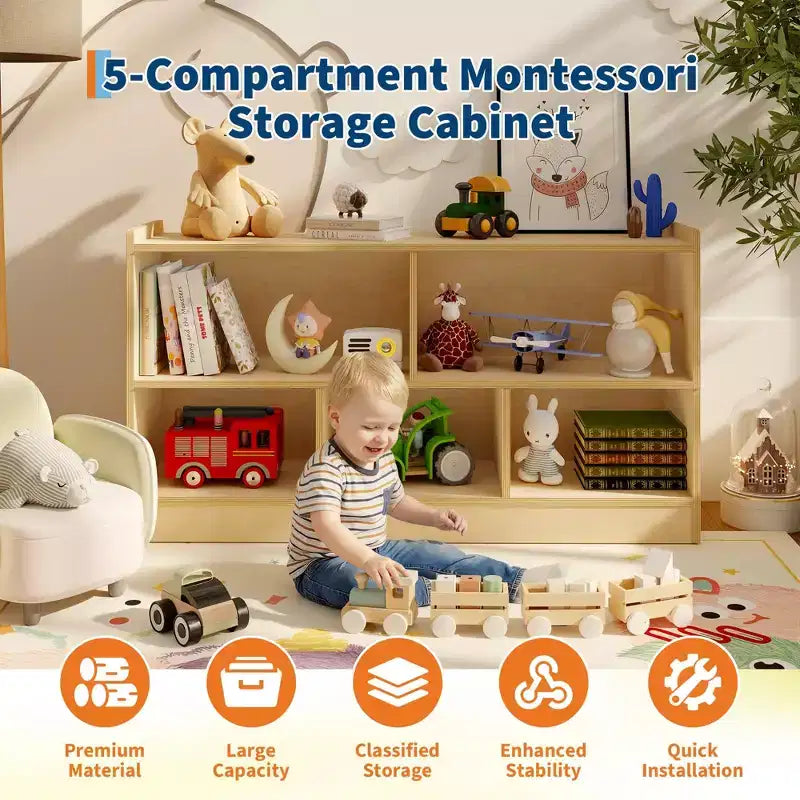 Étagère à livres en bois à 5 sections et 2 niveaux, bibliothèque ouverte avec rangement de jouets pour salle de jeux, chambre d'enfant, salle de classe, maternelle