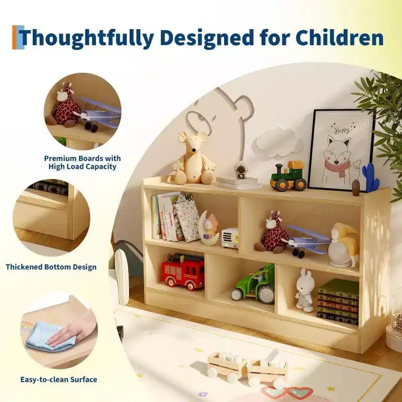 Étagère à livres en bois à 5 sections et 2 niveaux, bibliothèque ouverte avec rangement de jouets pour salle de jeux, chambre d'enfant, salle de classe, maternelle