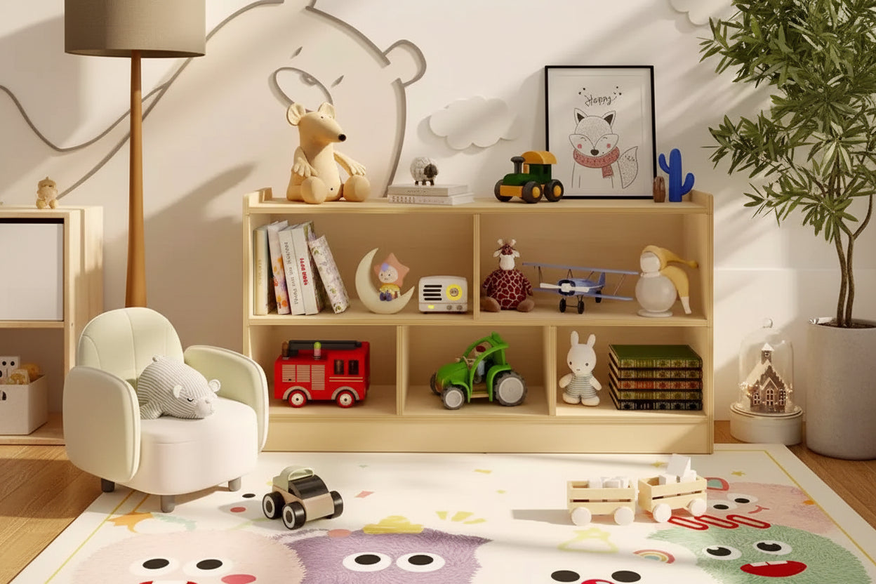 Wooden 5-Section 2-Tier Bookshelf, Open Shelving Kids Bookcase with Toy Storage Organizer for Playroom Nursery Classroom Kindergarten