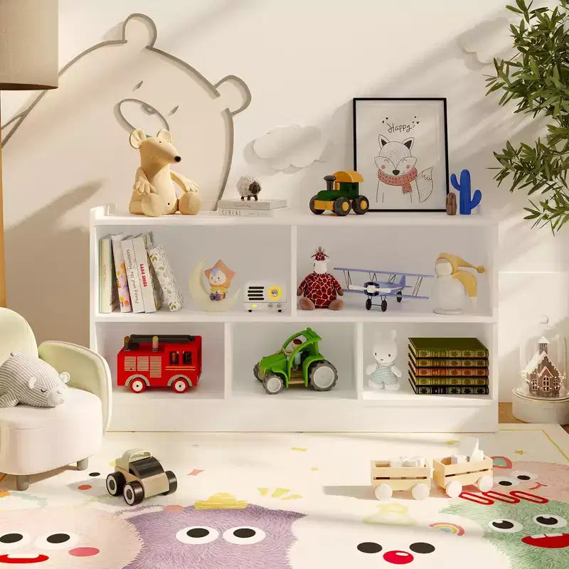 Étagère à livres en bois à 5 sections et 2 niveaux, bibliothèque ouverte avec rangement de jouets pour salle de jeux, chambre d'enfant, salle de classe, maternelle